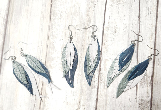 Kai earrings - lightweight leather earrings  - three pieced fringed and split leaf shapes in blue, white, and green