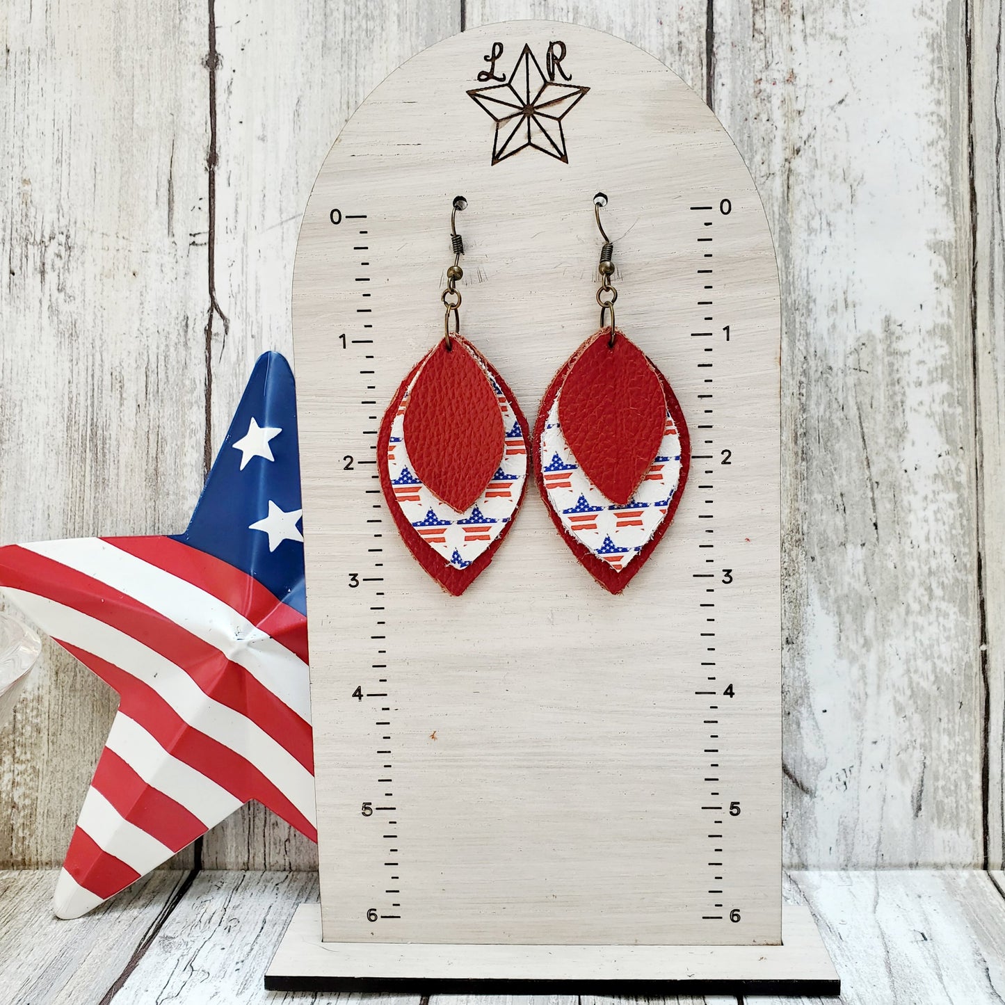 Betsy - layered leather earrings - patriotic earrings - americana earrings - 4th of July earrings - Memorial Day earrings - Veterans Day earrings